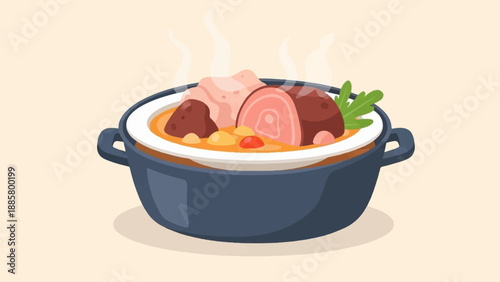 Hearty stew with meat chunks and vegetables in a blue pot, steaming