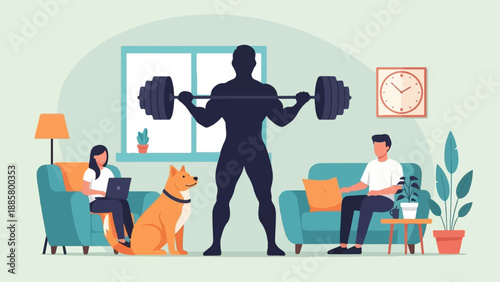 Home fitness and remote work with a dog and plants