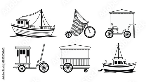 Nautical Transport: Six stylized drawings of boats and vehicles.