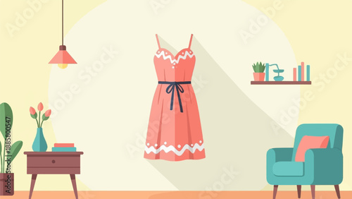 Interior scene with coral dress, teal armchair, and side table