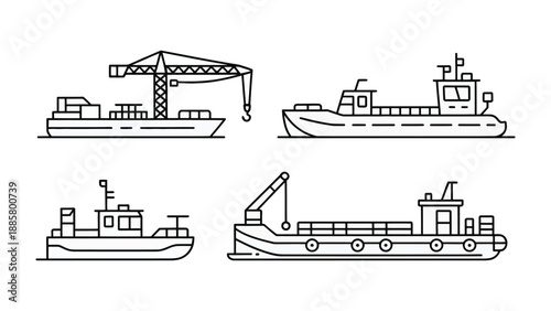 Maritime Fleet Illustration: A collection of various ship outlines, each representing a unique vessel, set against a pristine background. They are symbols of maritime travel, trade, and engineering.