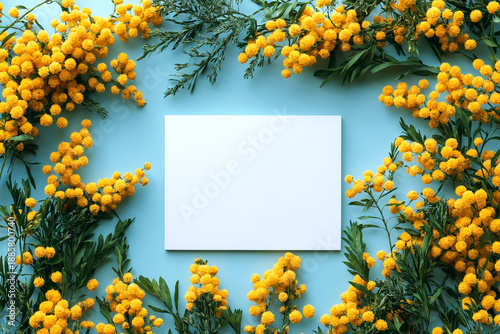 A bright composition of yellow flowers and greenery on a blue background with a blank card in the center for text or greeting.