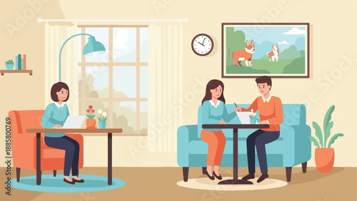 Interior scene with people working and socializing at home