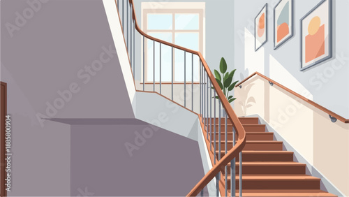 Interior staircase with wooden banister, artwork, and a potted plant
