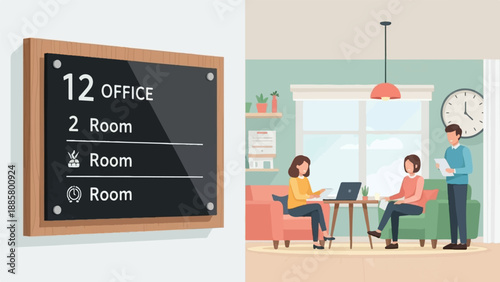 Interior view of an office space with individuals working and a directional sign
