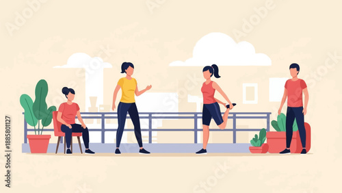 Four people exercising on a rooftop with plants and buildings in background