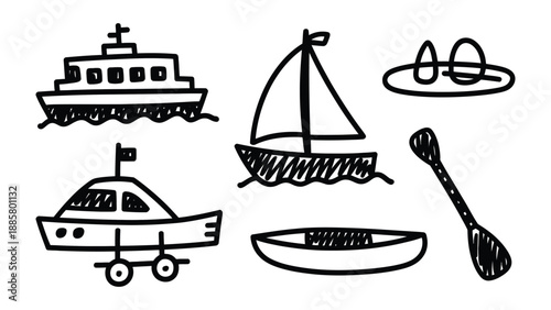 Marine Navigation Sketch: An illustration of various modes of marine transport, sketched with simplicity to represent boats, canoes, and other watercraft. Embodying simplicity and nautical charm.
