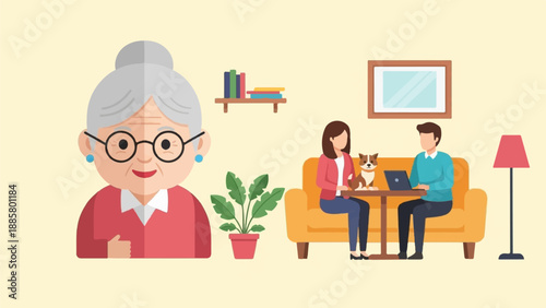 Flat illustration of a family with a dog, indoor setting