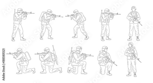 Sketch of soldiers in combat gear utilizing rifles in various tactical positions