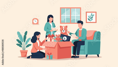 Festive gathering with gifts, a dog, and people unpacking presents