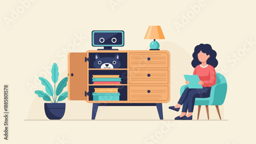 Flat illustration of a woman in a chair talking to a robot in a cabinet