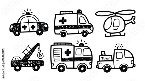 Emergency Vehicle Doodle Collection: A charming collection of emergency vehicle illustrations, each depicting a unique mode of transport in a hand-drawn style.