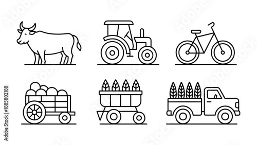Agricultural Icons: A collection of simple line icons representing elements of agriculture, the icons include cow, tractor, bicycle, wagon with crops, cart of asparagus, and a pickup truck.