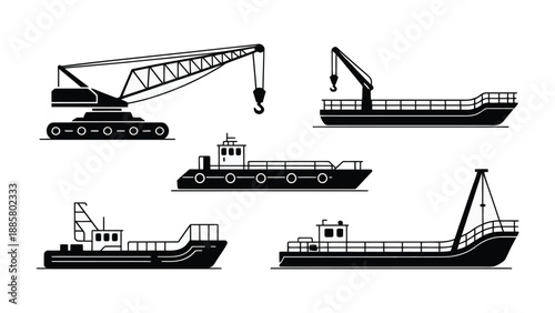 Shipping Vessels in Silhouette: A fleet of meticulously crafted shipping vessels, rendered in striking silhouette against a pristine backdrop, showcases diverse designs and industrial prowess.