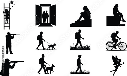 Black human activity silhouette vector set showing walking, sitting, cycling, hunting, and daily lifestyle scenes isolated on white background