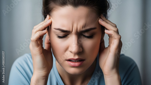 close-up of a woman pressing her temples with a pained expression, indicating headache or stress — great for migraine info, stress-relief tips, pain management, or wellness articles.

