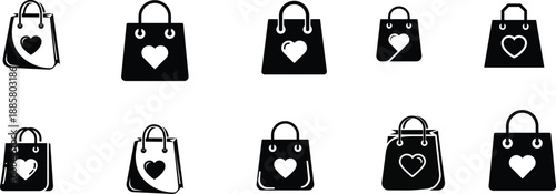 Collection of handbags with heart designs displayed in a grid on a white background, showcasing various styles and illustrations.