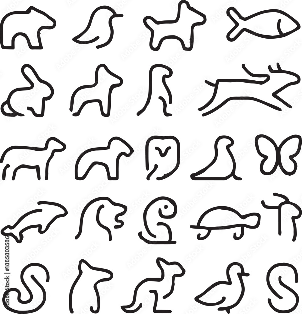 Obraz premium 25 Abstract Animal Outline Vector Icons – Minimal Black Line Silhouette Symbol Set Vector With Transparent Background 