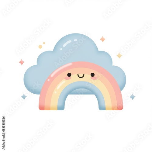 Adorable Pastel Rainbow with Smiling Face Resting on a Fluffy Blue Cloud