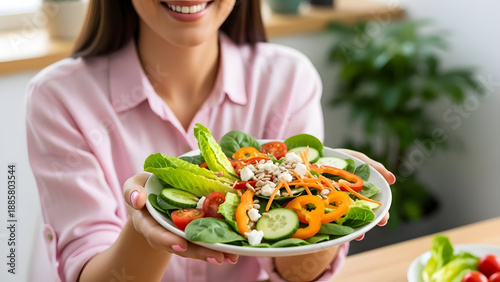 woman smiling while holding a plate of vibrant salad in a bright kitchen — suited for healthy-eating content, meal-prep guides, nutrition coaching, or food marketing.

