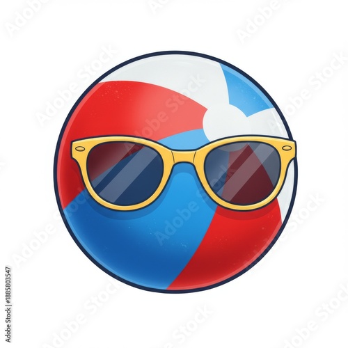 Cartoon Pixelated Beach Ball with Red White Blue Colors and Yellow Sunglasses