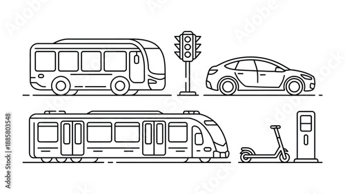 Transportation Icons in Outline Style: A modern, minimalist illustration showcasing a variety of transportation modes, emphasizing the clean lines and functionality of urban transit systems.