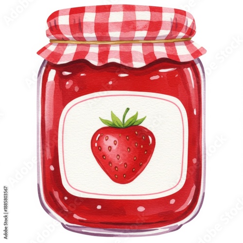Watercolor Strawberry Jam Jar with Checkered Fabric Top and Paper Label