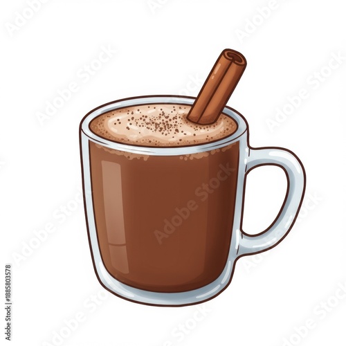 Steaming Hot Chocolate in Glass Mug with Cinnamon Stick on White Background