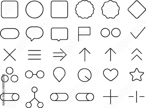 Flat Outline UI Elements – 32 Consistent Black Line Vector Shapes for Interface Systems With Transparent Background 
