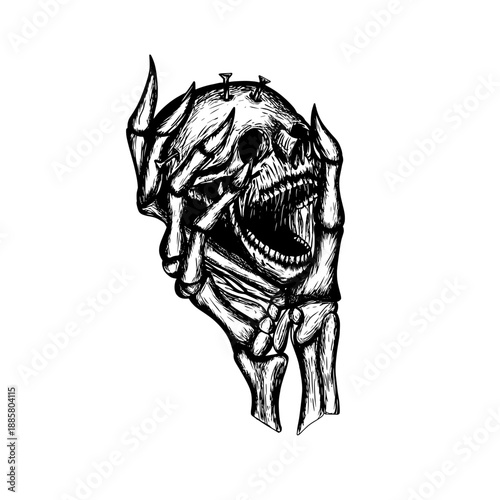 A haunting black-and-white illustration of a grotesque skull-like creature with jagged teeth and bony hands clawing its head, emerging from darkness, conveying horror, pain, and nightmarish emotion.!!