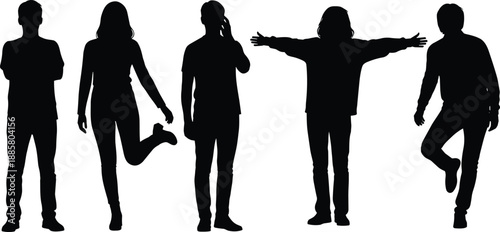 Five diverse black silhouette figures in varied standing poses showing body language, gestures, phone use, casual stances, and dynamic posture study