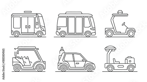 Line Art Urban Transports: A collection of various modern urban transport vehicles, meticulously rendered in clean, minimalist line art.