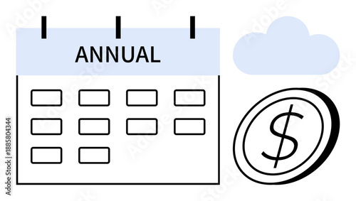 Budget planning, subscription services, yearly billing, financial management, e-commerce, revenue growth. Calendar labeled Annual with dollar sign symbol and cloud. Budget planning and subscription