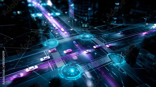 Futuristic city intersection illuminated by neon grid lines and holographic data overlays. Autonomous cars navigate seamlessly through the streets, each vehicle  4K