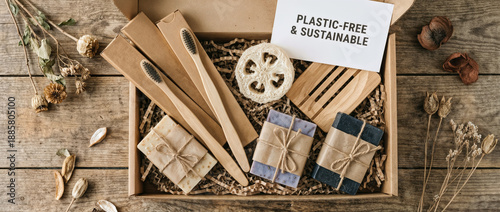 Eco-friendly assortment of sustainable bathroom essentials meticulously arranged in a gift box, exuding a sense of conscious living and environmental responsibility.