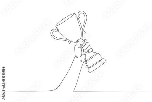 A single line drawing of a hand holding up a golden trophy