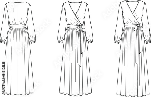 Technical fashion illustration of long sleeve wrap maxi dress with waist tie belt, pleated skirt, front and back views line art