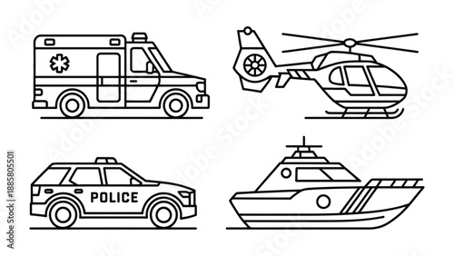 Emergency Vehicles Vector Illustrations: A collection of meticulously crafted vector illustrations showcasing essential emergency service vehicles, ready to be integrated into any creative project.