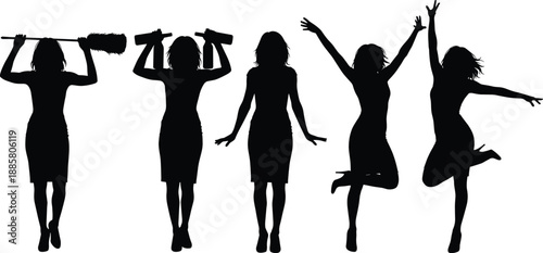 Sequence of five black female silhouettes transitioning from work to celebration showing broom, bottles, joyful and jumping poses for lifestyle and emotion