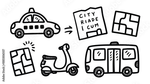 Urban Transportation Doodle: A playful and illustrative depiction of various city transport options, with a focus on ease and movement. The doodle conveys the theme of urban mobility.