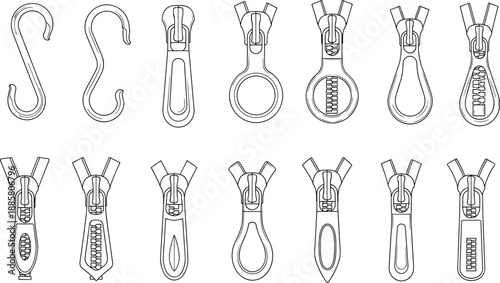 Zipper slider and puller collection illustration, sewing hardware set, clothing fastener parts, tailoring accessories, black and white vector