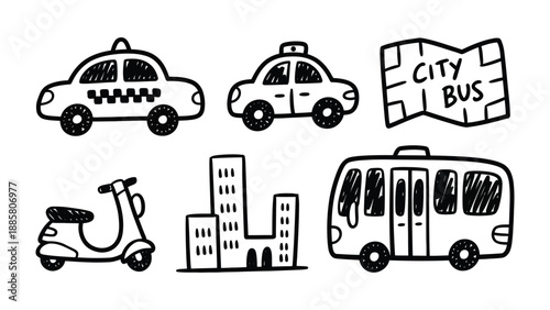City Transportation Sketches: An artistic sketch depicts the hustle and bustle of city life, showcasing various modes of transportation in a simple, engaging style.