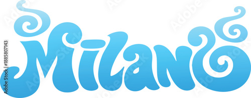 Stylized inscription of "Milan" with swirls and blue gradient, themed around winter, water, and sun