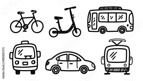 Transportation Doodle: Collection of hand-drawn vehicles, illustrating various modes of travel and mobility. Perfect for transportation-themed designs.