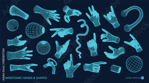 Wireframe Hands and Shapes in Blue on Dark Background