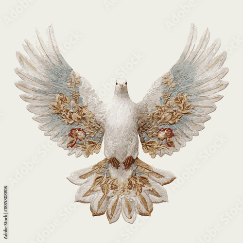  Create a Embroidery of a dove with outstretched wings, Textile design for a luxury brand, Embroidered illustration for a fashion editorial, Holy Spirit embroidery on white background for logo design