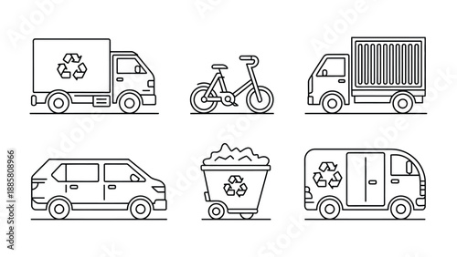 Sustainable Transportation: A collection of various vehicles and a recycling bin, designed with minimalist lines, promote the concept of eco-friendly transport and waste management.