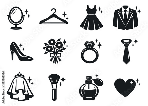 Modern flat icon style fashion and beauty set featuring formal wear, accessories, and beauty items for special occasions