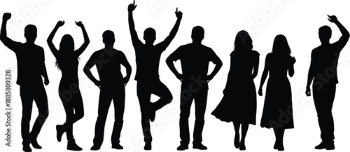 Silhouette illustration of diverse individuals standing in expressive poses for vector art, design, and creative concepts