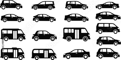 Silhouette illustration of various vehicle types in grid layout for transportation, automotive, and vector icon design concept